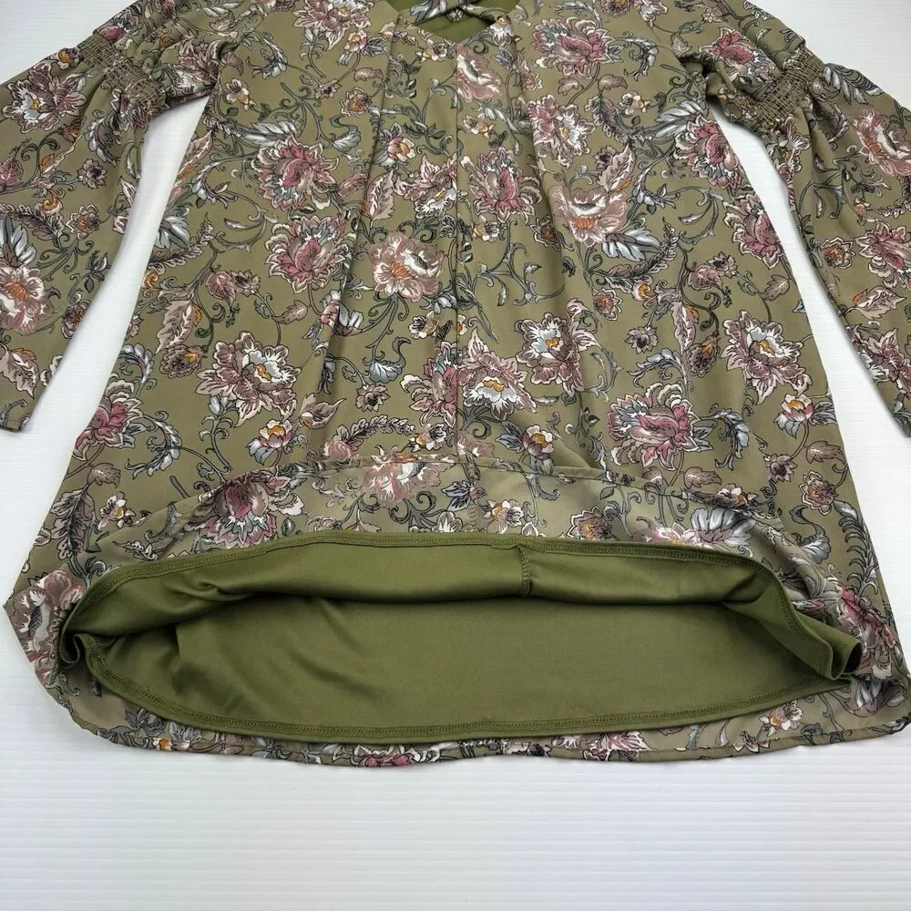 Peach Love Green Floral Boho Bell Sleeve Tunic Dress Small